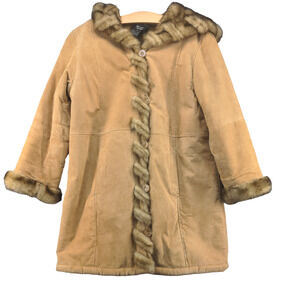 Dennis Basso Women's Leather Coat Tan Small Long Sleeve Vegan Fur Lined